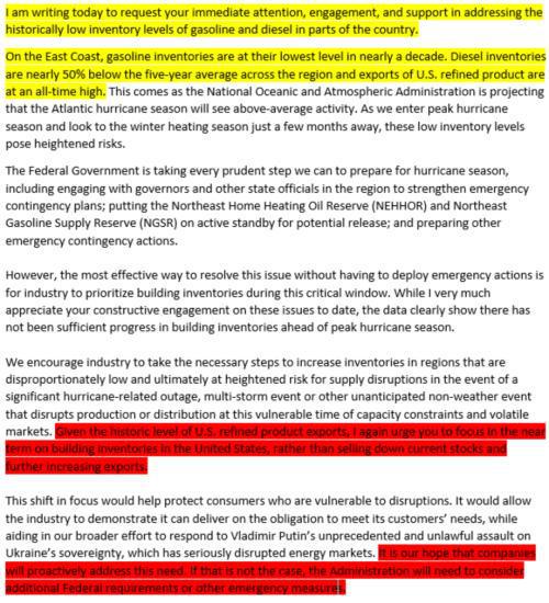 美国能源部长已经向美国七家主要炼油巨头发送了信函