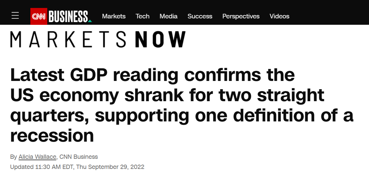 CNN报道称，最新GDP数据证实美国经济连续两个季度萎缩，支持了经济衰退的其中一个定义 ...