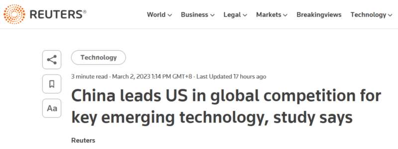 最新报告显示，中国研究人员在几十项关键技术的研究中领先于美国同行